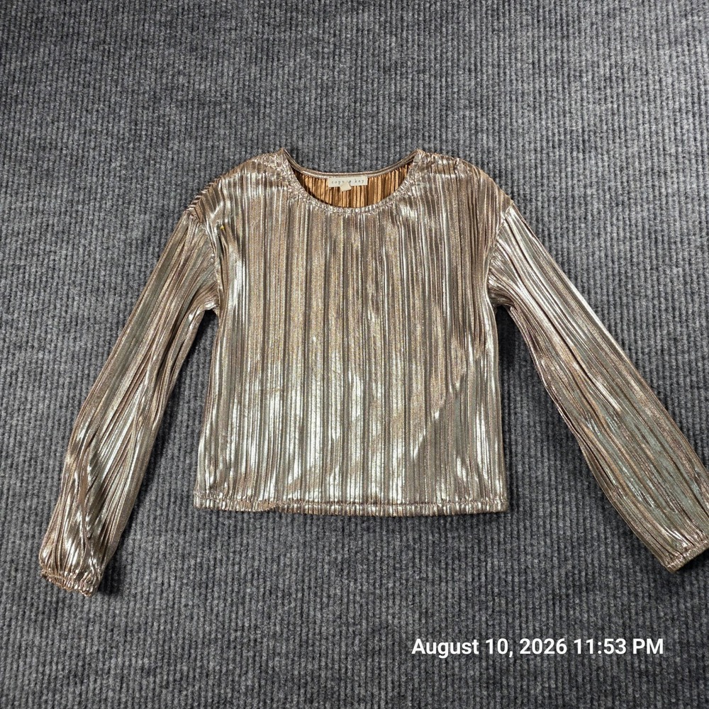 Copper Key Womens Gold Metallic Pleated Long Sleeve Blouse Top Size S 7 Party